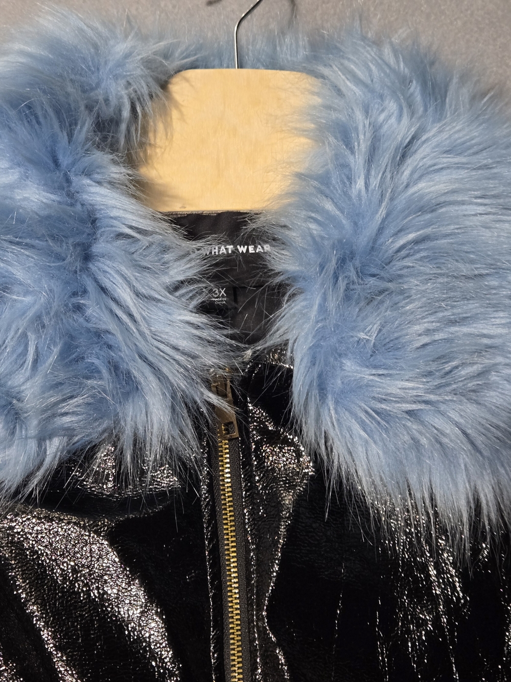 Women's Black Shiny Jacket with Blue Faux Fur Collar